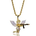 TOPGRILLZ 14K CZ Angel Pendant Necklace with Gun Pistol Rope Chain (Gold)