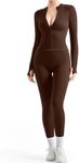 SUUKSESS Women 2 Piece Seamless Ribbed Workout Sets With Zip Up Jacket High Waisted Gym Yoga Leggings (Brown,XL)