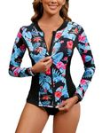 Luranee Zip Front Rash Guard Women,Long Sleeve Rash Guard Swimsuits UPF 50+ Swim Shirt Snorkeling Surfing Fishing Diving Summer Vacation Swim Tops Blue Leaf XL