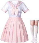 Japanese School Girls JK Uniform Sailor White Pink Pleated Skirt Anime Cosplay Costumes with High Socks Set(SSF36) S(Tag M)
