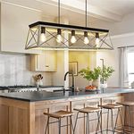 Depuley Pendant Lighting Fixture, 5-Light Industrial Kitchen Island Light with Imitation Wood Frame, Ceiling Hanging Light for Dining Room, Farmhouse, Bar, Barn, Living Room, Cellar, E26*5 Socket