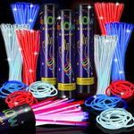 Hanaive 300 Pcs Glow Sticks Bulk 8 Inch Glow in the Dark Party Favors Neon Glow Bracelets and Necklaces Light up Sticks with Connectors for Halloween Party Supplies(Red, Blue and White)