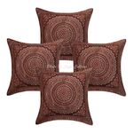 Stylo Culture Banarasi Brocade Couch Sofa Decorative Cushion Covers 16 Inch x 16 Inch Coffee Brown Square Boho Jacquard Gold Polydupion 40x40 cm Mandala Floral Pillowcases 150 TC | Set of 4