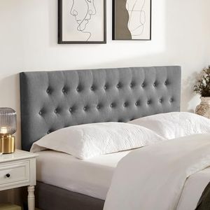 Huatean Home Tufted Upholstered Headboard Queen Size, Solid Wood Head Board with Durable Metal Legs, Adjustable Height Bed headboard from 37” to 51” Fabric Headboard in Modern Button Design, Grey