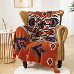 Chair Throw Blankets, Acrylic Knitted Southwest Tribal Bed Throws Couch Sofa Blanket, Native American Southwestern Soft Warm Throw Bohemian Living Room Bedroom (Rusted Brown Navy White, 60”x80”)