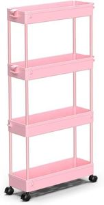 SPACEKEEPER Slim Rolling Storage Cart 4 Tier Bathroom Organizer Utility Cart Mobile Shelving Unit Tower Rack for Kitchen, Laundry Room, Bathroom, Narrow Places, Pink