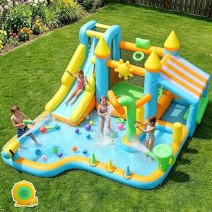 Ktaxon 10 in 1 Inflatable Water Slide with Flower Sprinkler, Big Outdoor Bounce House w/ 450W Blower, Long Slide & Splash Pool, Backyard Water Slide Bouncy Castle for Kids 3-8