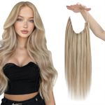 Sunny Hair Wire Hair Extensions Human Hair Invisible Wire Hair Extensions for Women Straight Hidden Hair Extensions with Adjustable Line Warm Ash Blonde Highlight Bleach Blonde 16Inch