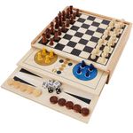 Juegoal 7-in-1 Wooden Board Game Set for Kids Adults, Tabletop Combo Classic Travel Portable Board Games (Chess, Checkers, Chinese Checkers, Backgammon, Parcheesi, Snakes and Ladders, Tic Tac Toe)