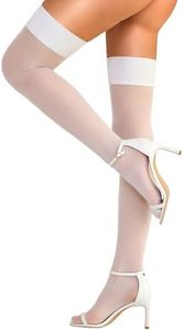 Loviqueen Thigh High Stockings for Women – Silicone Stay Up Sheer Thigh Highs with Wide Band Nylon Tights One Size, White