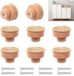 Vueinrg Lot de 8 Bouton de Meuble Bois 40 x 30 mm Bouton de Tiroir en Rotin Bois, Ronds Boutons de Portes pour Placards avec Vis pour Armoires de Cuisine et Tiroirs