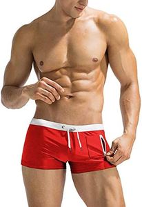 COOFANDY Mens Quick Dry Lightweight Square Leg Cut Trunks Swimwear, 1 - Red and White