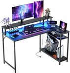 WASAGUN Gaming Desk,47 Inch L Shaped Desk with LED Lights&Power Outlets,Office Desk with Storage Shelves,Small Corner Computer Desk for Bedroom,Carbon Fiber Surface,Black Table