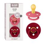 BIBS Colour Baby Pacifier 2-Pack | Made in Denmark | BPA Free Dummy Soother, Round Nipple. Natural Rubber Latex, Size 1 (0-6 Months), Coral/Ruby