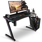 S*MAX Gaming Desk with LED Lights Real RGB Legs Gaming Desk Wireless Charging & USB Pad Carbon Fiber Finish Z Shaped Gaming Table 47 Inch Cup Holder Headphone Hook Led Gaming Desk Black 120cm