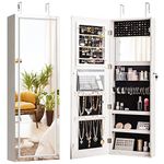 COSTWAY LED Lights Jewelry Cabinet, Door Hanging/Wall Mounted Jewelry Armoire with Full Length Mirror, Lockable Cosmetics Jewellery Storage Organiser Unit Gift for Bedroom Dressing Room, White