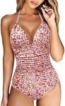 RXRXCOCO Women V Neck One Piece Swimsuits Tummy Control Ruched Swimwear Halter Bathing Suit, 1 Pink Leopard, Small