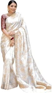 C J Enterprise Women's Pure Banarasi Style Kanjivaram Silk Saree With Blouse Piece For Wedding (Flower jaal), White, One size