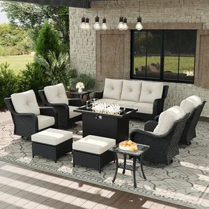 Aeeiua 10 Piece Patio Furniture Set with Fire Pit Table, All-Weather Wicker Outdoor Conversation Set with Swivel Rocking Chair and 6 Inch Thick Cushions