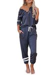 FARORO Pajama Sets Loungewear for Women PJ Set 2-Piece Sweatsuits Floral Print Nightwear Sleepwear Pullover Navy