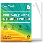 PAPERVISUAL 30 Printable Sticker Paper for Inkjet Printer - Matte White Waterproof Sticker Printer Paper - 8.5 x 11 Inches, Thick, Smudge Proof, Jam Tear Resistant - Inkjet & Laser Printer compatible