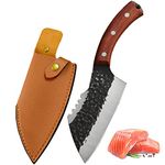 Fubinaty 6 Inch Chef Knife Professional Handmade Forged Kitchen Knives Multipurpose High Carbon Steel Cooking Knife with Leather Sheath and Full Tang Solid Wood Handle for Home, Camping, BBQ