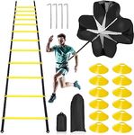 Pro Speed Agility Training Set,Includes 12 Rung 20ft Adjustable Agility Ladder with Bag,12 Sports Cones,4 Steel Stakes,1 Resistance Parachute for Kids Adults Football Speed Training Workout