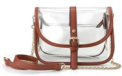 Clear Saddle Cross Body Bag Women Chain Shoulder Handbag Purse with Faux Leather Trim (Brown)