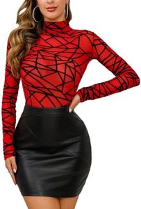 Aranmei Long Sleeve Bodysuit for Women Mesh Bodysuit Turtleneck Sheer Tops Geo Print Leotards Red