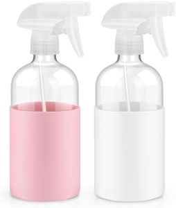 Worldgsb 2 Pack Glass Spray Bottles with Long Silicone Sleeve, 16 oz Empty Refillable Containers with Adjustable Spray Nozzles, Spray Bottles for Hair, Cleaning Solutions and Plants Pink&White