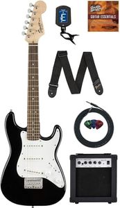 Fender Squier 3/4 Size Kids Mini Strat Electric Guitar Learn-to-Play Bundle w/ Amp, Cable, Tuner, Strap, Picks, Fender Play Online Lessons, and Austin Bazaar Instructional DVD - Black