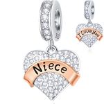 Niece I Love You Heart Pendant Charms in 925 Sterling Silver, Fits Pandora Birthday Bracelet/Necklace, Pave CZ Dangle Beads with Rose Gold Ribbon, Aunt/Auntie Gift for Boy/Girl