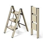 Ladnamy 3-Step Ladder Aluminium Folding Ladder Portable & Lightweight Small Kitchen Step Stool Maximum Load 330Ibs Safety Household Ladder (Champagne Gold)