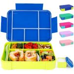 Caperci Bento Lunch Box for Kids, 1330ml Bento Box Kids, 5 Compartments, Leak Proof, with Sauce Box and Cutlery, Snack Box for Kids Adults School Work, Microwave/Dishwasher Safe (Dark Blue/Chartreuse)