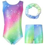 Hovershoes Gymnastics Leotards for Girls Kids Long Sleeve/Sleeveless Sparkle Gymnastics Outfit with Dance Shorts & Hairband Set Athletic Bodysuit Ballet Dancing Leotard