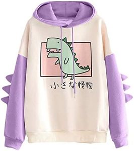 Women's Dinosaur Sweatshirt Long Sleeve Splice Tops Cartoon Cute Hoodies Teens Girls Casual Pullover, Purple, X-Large
