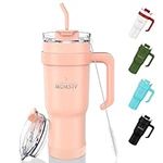 MOMSIV 40oz Tumbler with Handle and Straw, Large Capacity 1100ml Stainless Steel Leakproof Coffee Cup, Insulated Vacuum Double Wall Dishwashers Washable Travel Mug Water Bottle for Hot Iced Drink-Pink