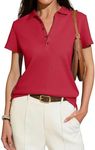 Meetrendi Women's Short Sleeve Polo Shirts Trendy Summer Business Casual V Neck Button Down Collared Blouse Tops Red S