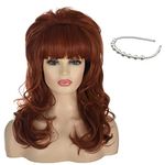 Auburn Beehive Wig with Pearls Headband, ATAYOU Long Wavy Ginger Housewife Wig 80s Outfit Vintage Auburn Wigs for Women Halloween Cosplay Costume Wig (Auburn 718)