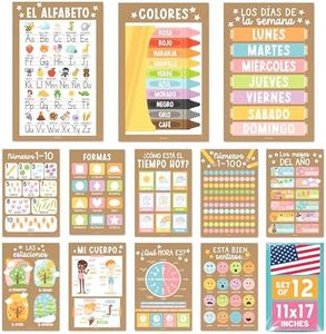 Hadley Designs Spanish Classroom Decorations - 12 Spanish Posters for Classroom Decor, Abecedario para Niños en Español, 11x17 Laminated Kraft Bilingual Educational Posters for Toddlers 1-3