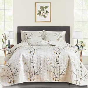 Quilt Set King Size Cream White with Black Branch Bedding Set 88x88 Soft Microfiber Lightweight Coverlet Bedspread Summer 3 Pc Bed Cover for (1 Quilt+ 2 Shams)