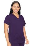 Med Couture V-Neck Scrub Top for Women with 4 Pockets, Rib-Knit Side Panel, and Shirttail Hem MC7459, Eggplant, Medium