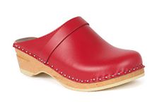 Troentorp Clogs Da Vinci Bastad Slip On Closed Toe Leather Womens Original Swedish Wooden Clogs, Red, 8