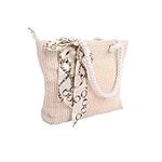 NiCoLa Women Beach Bag Small Tote Bags, Lightweight Summer Beach Bags, Straw Beach Bags with Zip, Silk Scarf Decoration for Women (Beige)