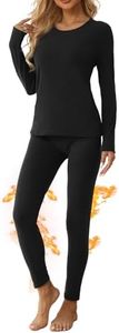 TRENDOUX Thermal Underwear for Women Set, Long Johns Fleece Lined Warm Base Layer Top & Bottom with Neck Patch, Cozy Pajama Set & Winter Ski Under Layer - L Black