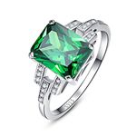 Bonlavie Silver Rings for Women Emerald Cut Created Green Emerald Cubic Zirconia Solitaire Wedding Engagement Promise Eternity Ring for ladies Size T 1/2