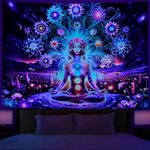 Dermijer Blacklight Tapestry Seven Chakra Yoga Meditation Tapestry Flower Chakra Tapestry Galaxy Space Planet Tapestry UV Reactive Lotus Spiritual Tapestry Wall Hanging for Home Decor W78.7×H59.1