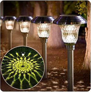 Beau Jardin 8 Pack Solar Pathway Lights Color Changing + Bright White Outdoor Garden Stake Glass LED Stainless Steel Waterproof Landscape Path Lighting for Yard Walkway Driveway Outside Silver