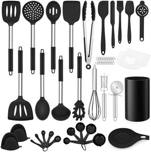 LIANYU 43 Pcs Kitchen Cooking Utensils Set, Silicone Cooking Utensils Spatula Set with Holder, Heat Resistant Kitchen Gadgets Tools for Nonstick Cookware Set, Stainless Steel Handle, Black