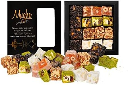 Mughe Gourmet Luxury Sultan Turkish Delight Candy Elegant Gift Box - 12.35oz/350gr - Lokum Delights Orange, Pistachio, Hazelnut, Almonds - Halal/Vegetarian - Perfect Gifts for Mother's Day, Christmas